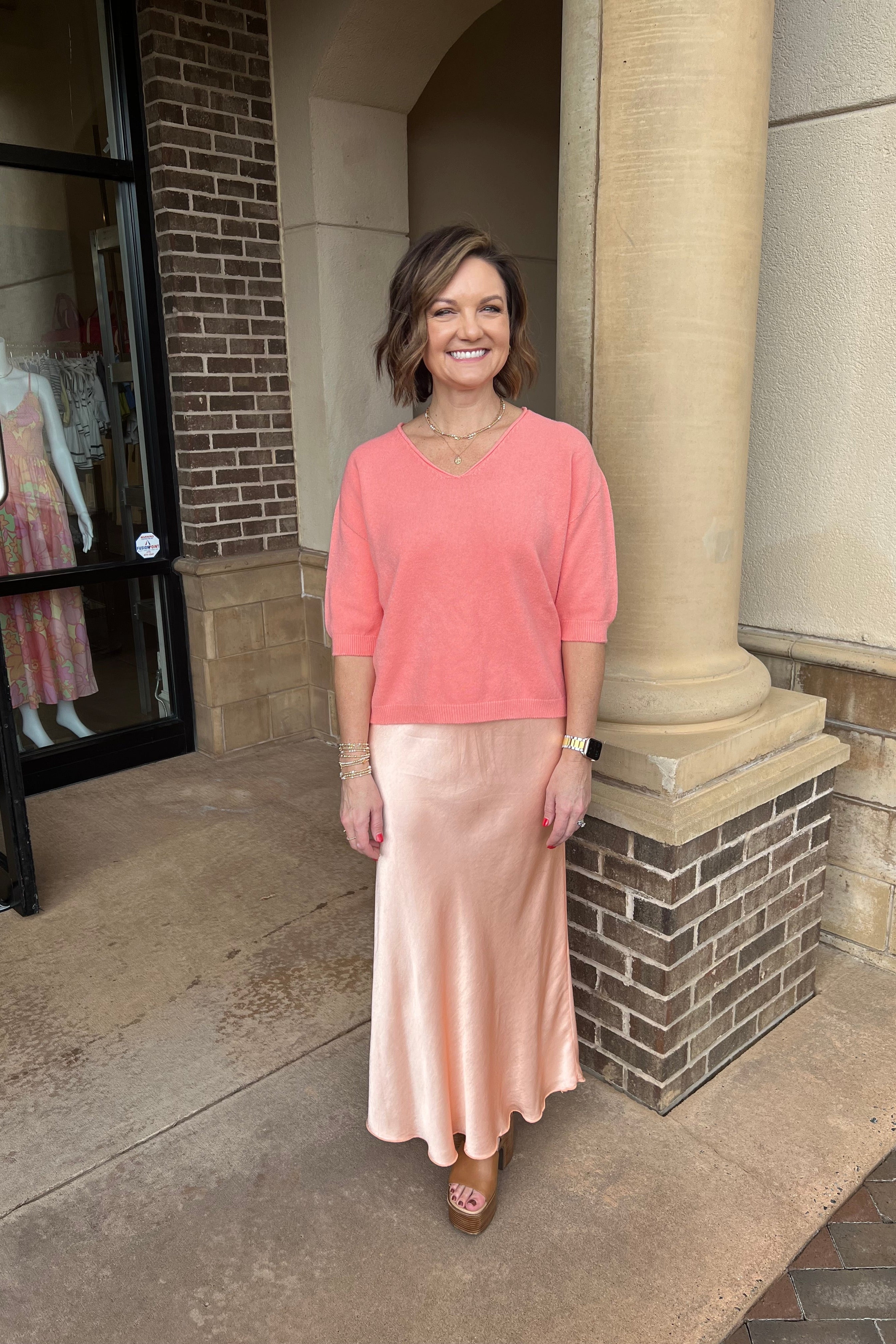 V-Neck 3/4 Sleeve Knit Top - Salmon