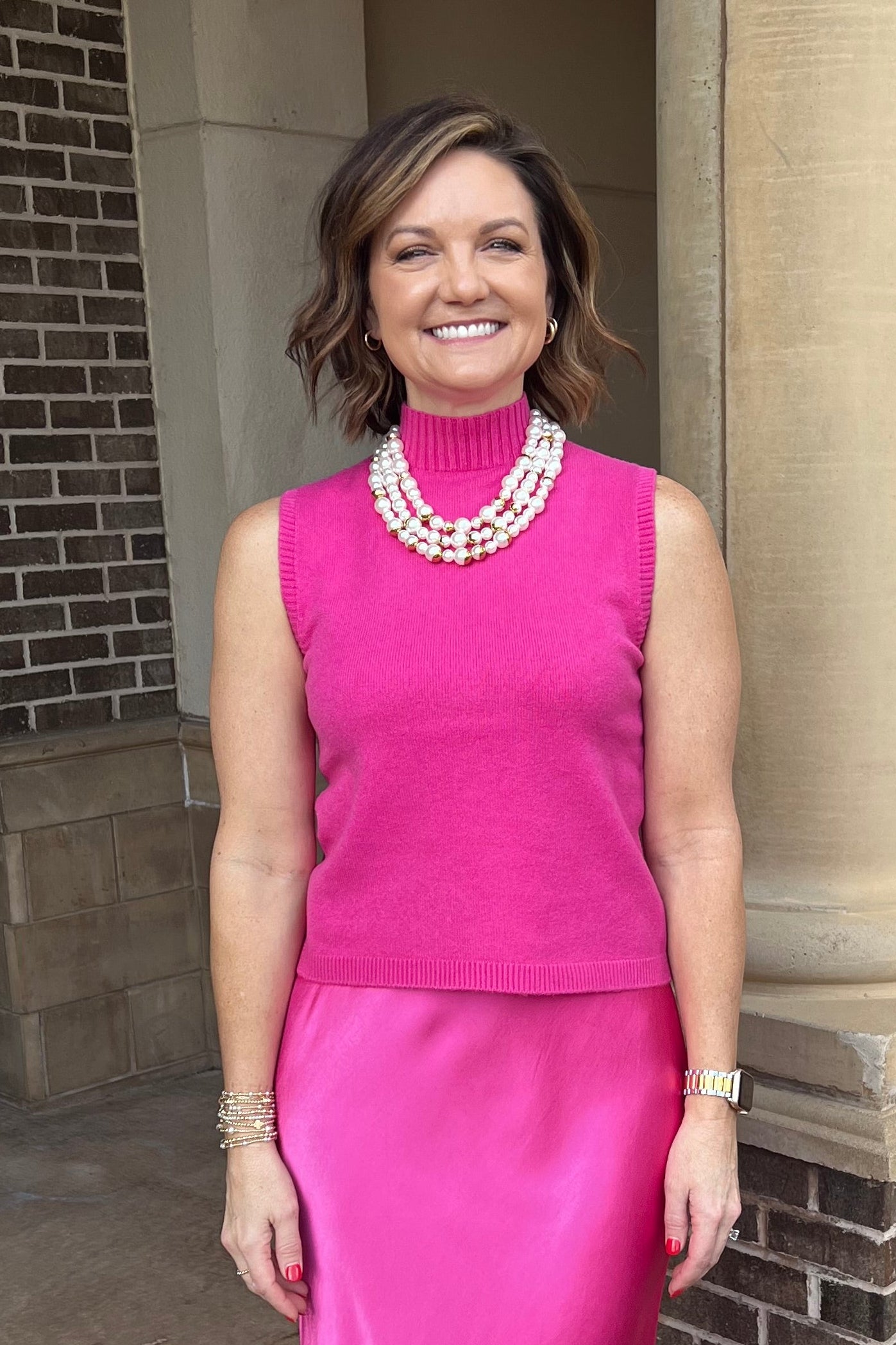 Italian Knit Sleeveless Mock Neck Top - Fuchsia