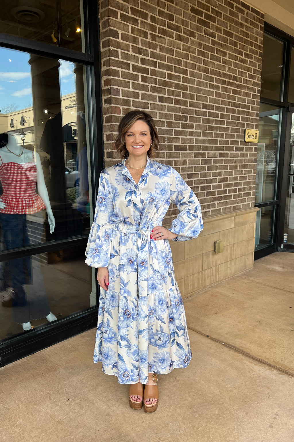 Rose Of Sharon Floral Button Down Tiered Tie Waist Dress - Ivory / Blue