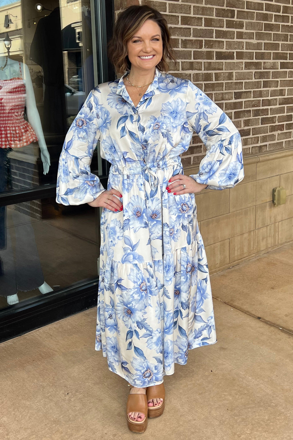 Rose Of Sharon Floral Button Down Tiered Tie Waist Dress - Ivory / Blue