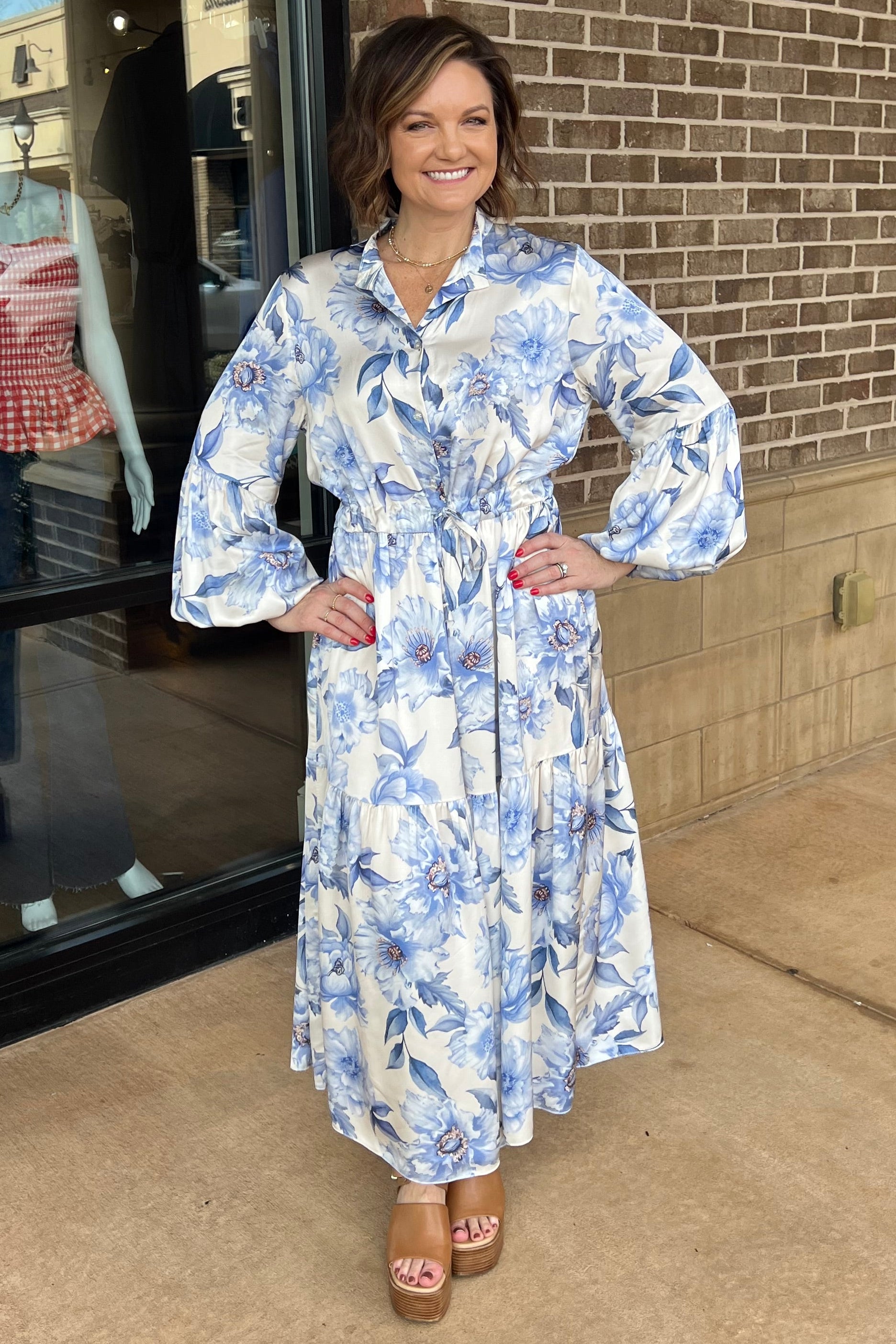 Rose Of Sharon Floral Button Down Tiered Tie Waist Dress - Ivory / Blue