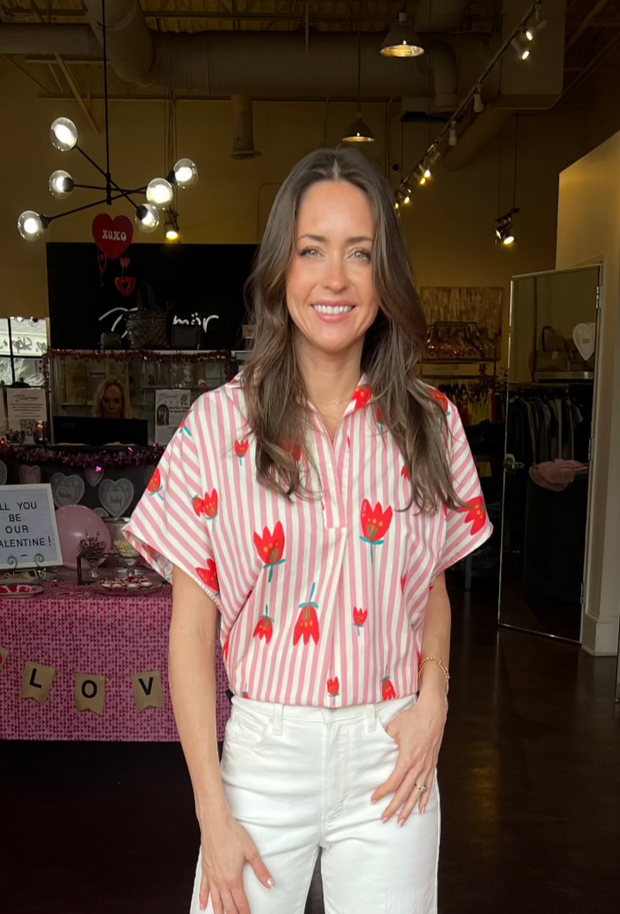 Stripe Poppy V-Neck Collar Top - Pink