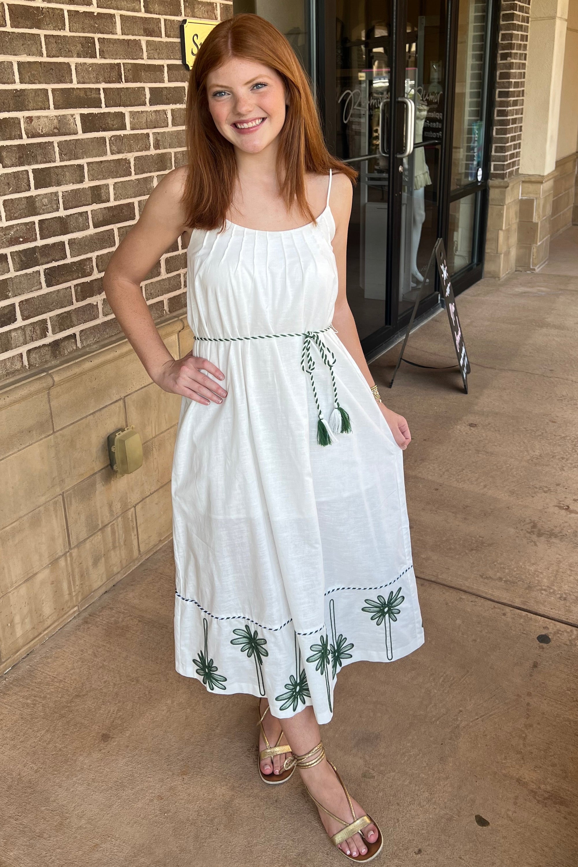 Sophia Palm tree Embroidered Maxi Dress - White / Green Rumor Boutique Sophia Palm tree Embroidered Maxi Dress - White / Green Rumor Boutique