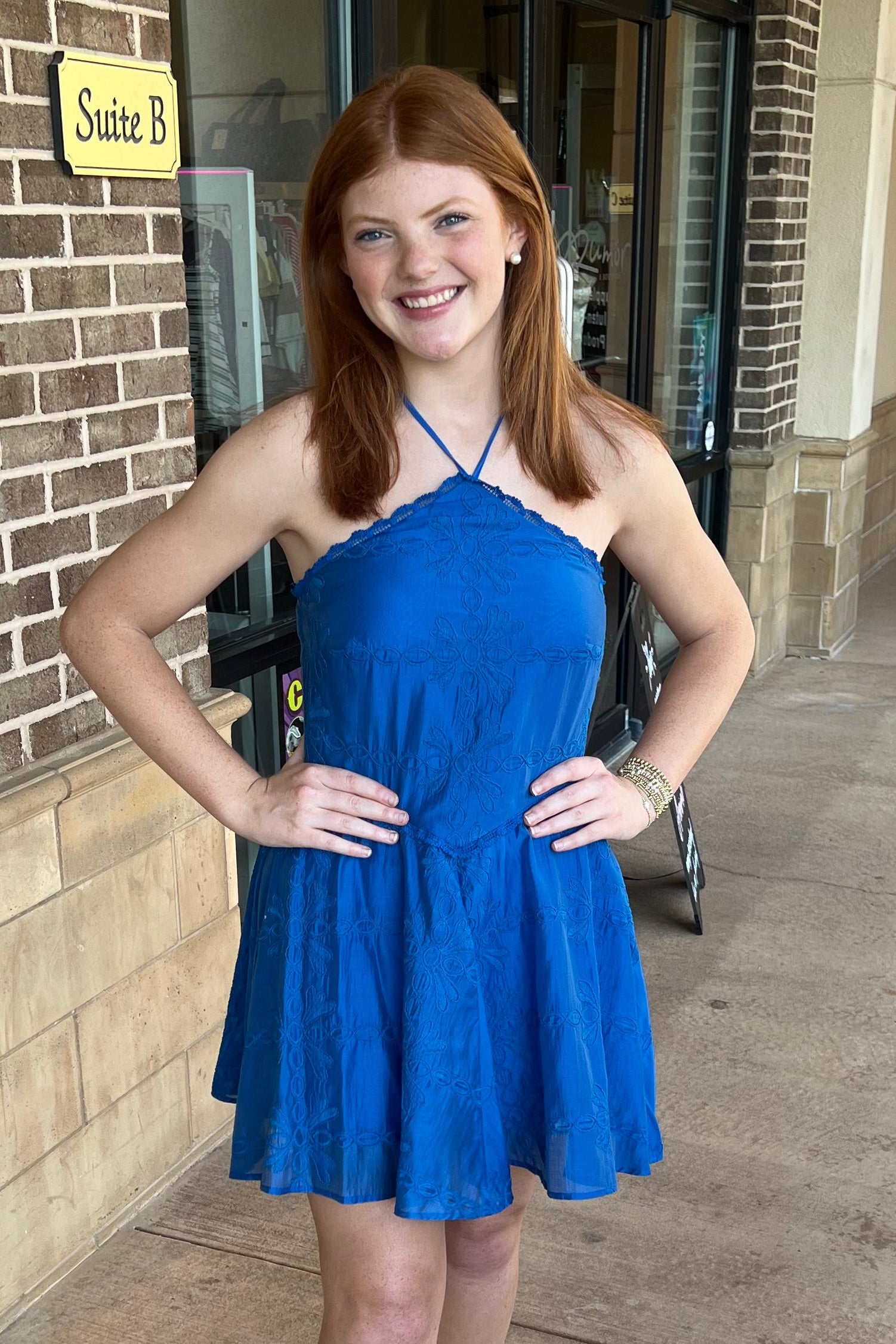 Callie Embroidered Halter Dress - Jelly Blue Rumor Boutique Callie Embroidered Halter Dress - Jelly Blue Rumor Boutique