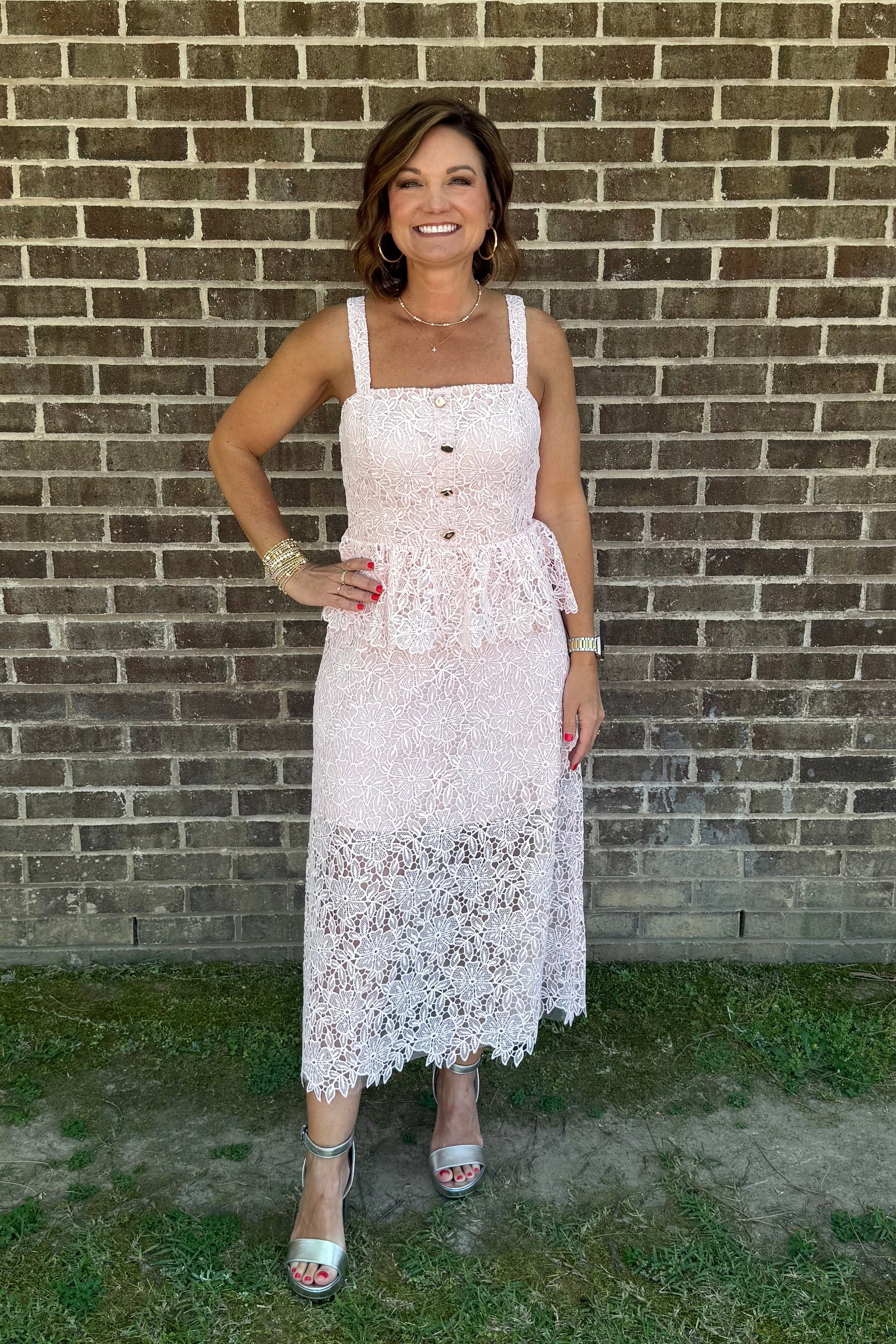 Rosalie Peplum Lace Dress - Light Pink Rumor Boutique Rosalie Peplum Lace Dress - Light Pink Rumor Boutique