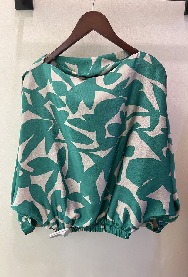 Satin Printed Boat Neck Blouse - Green