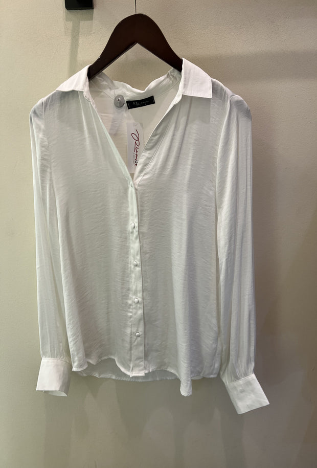 Long Sleeve Satin V-Neck Collared Blouse - White