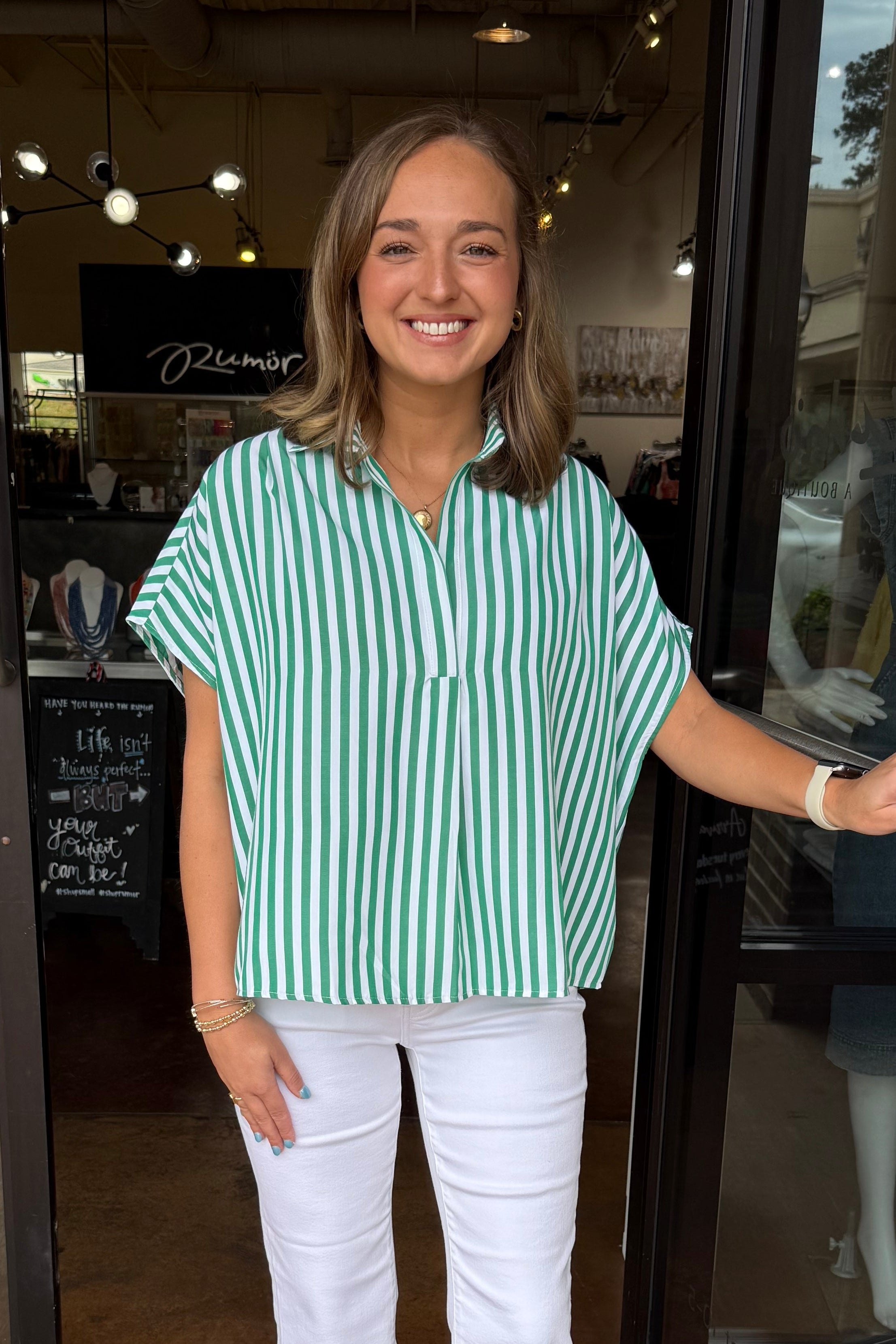Stripe Poplin V Neck Collar Top - Green / White – Rumor Boutique
