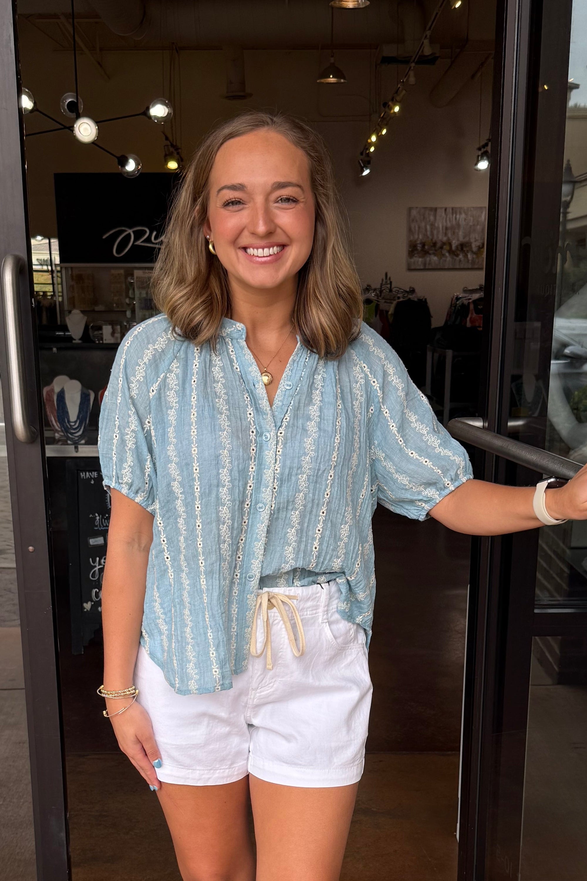 Short Sleeve Embroidered Button Front Top - Blue