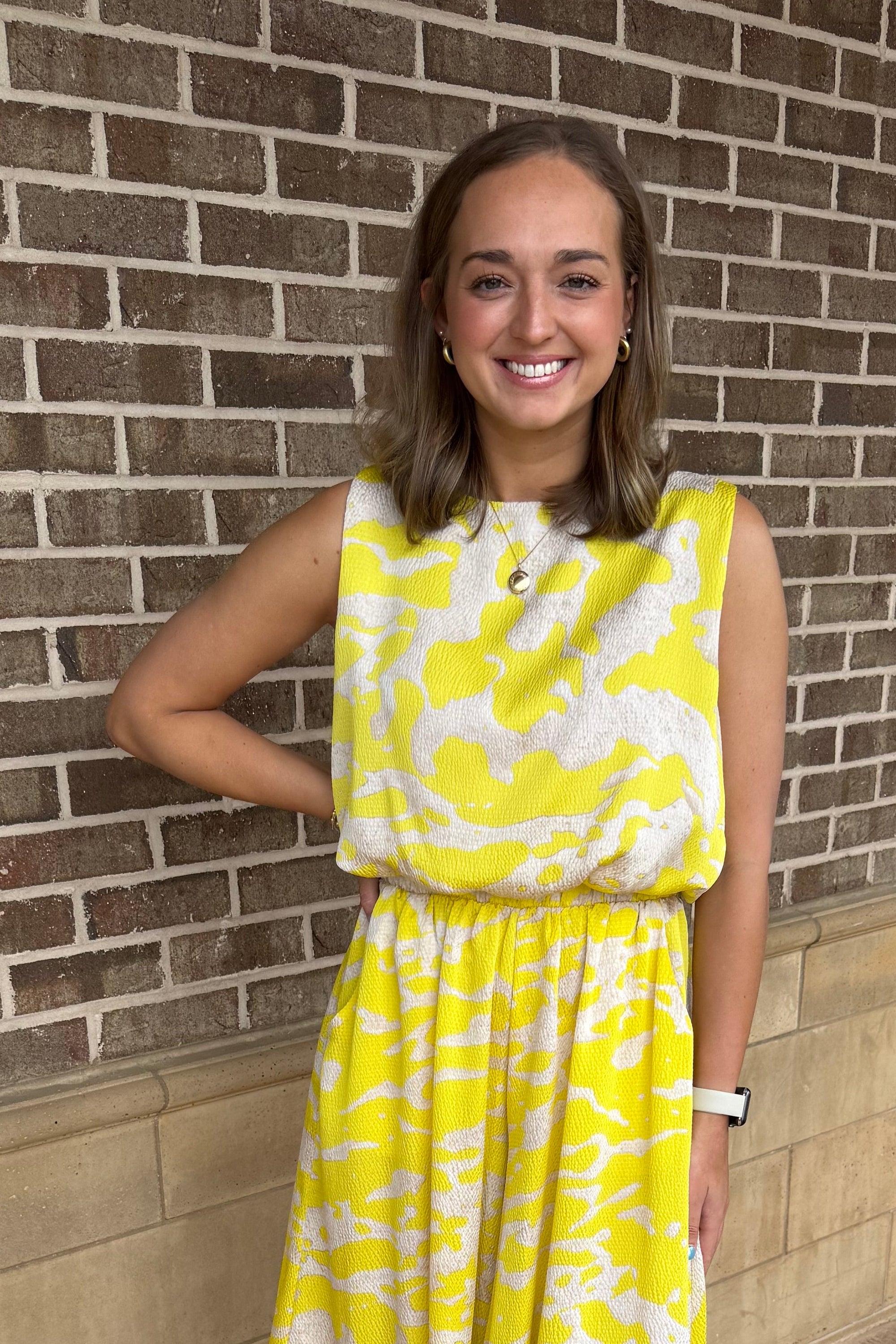 Satin Print Bubble Hem Top - Yellow
