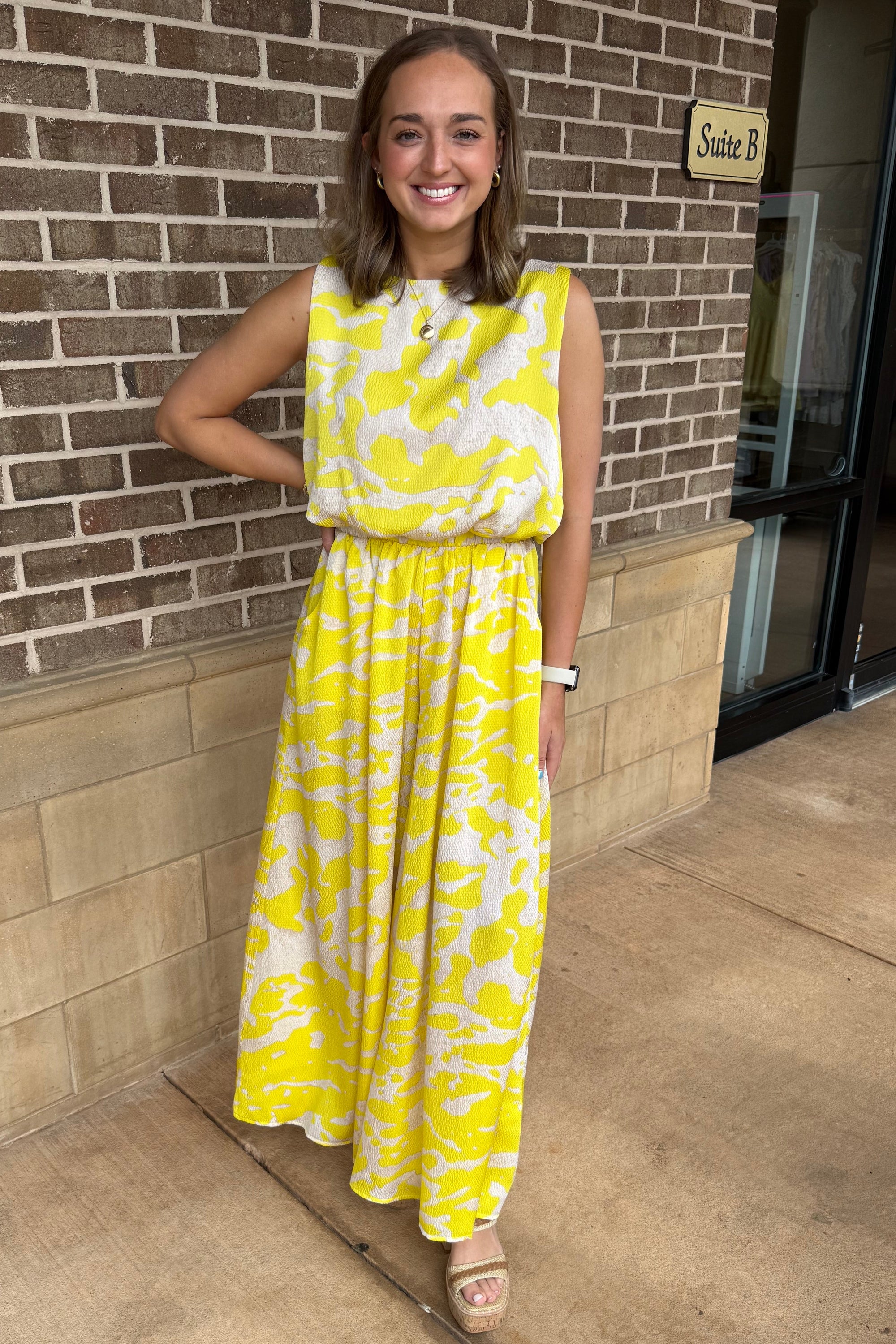 Satin Print Bubble Hem Top - Yellow