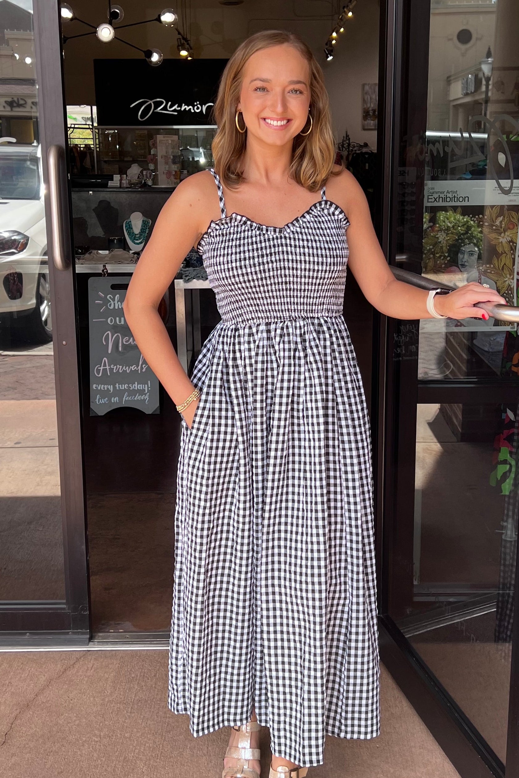 Smocked Tank Gingham Print Maxi Dress
