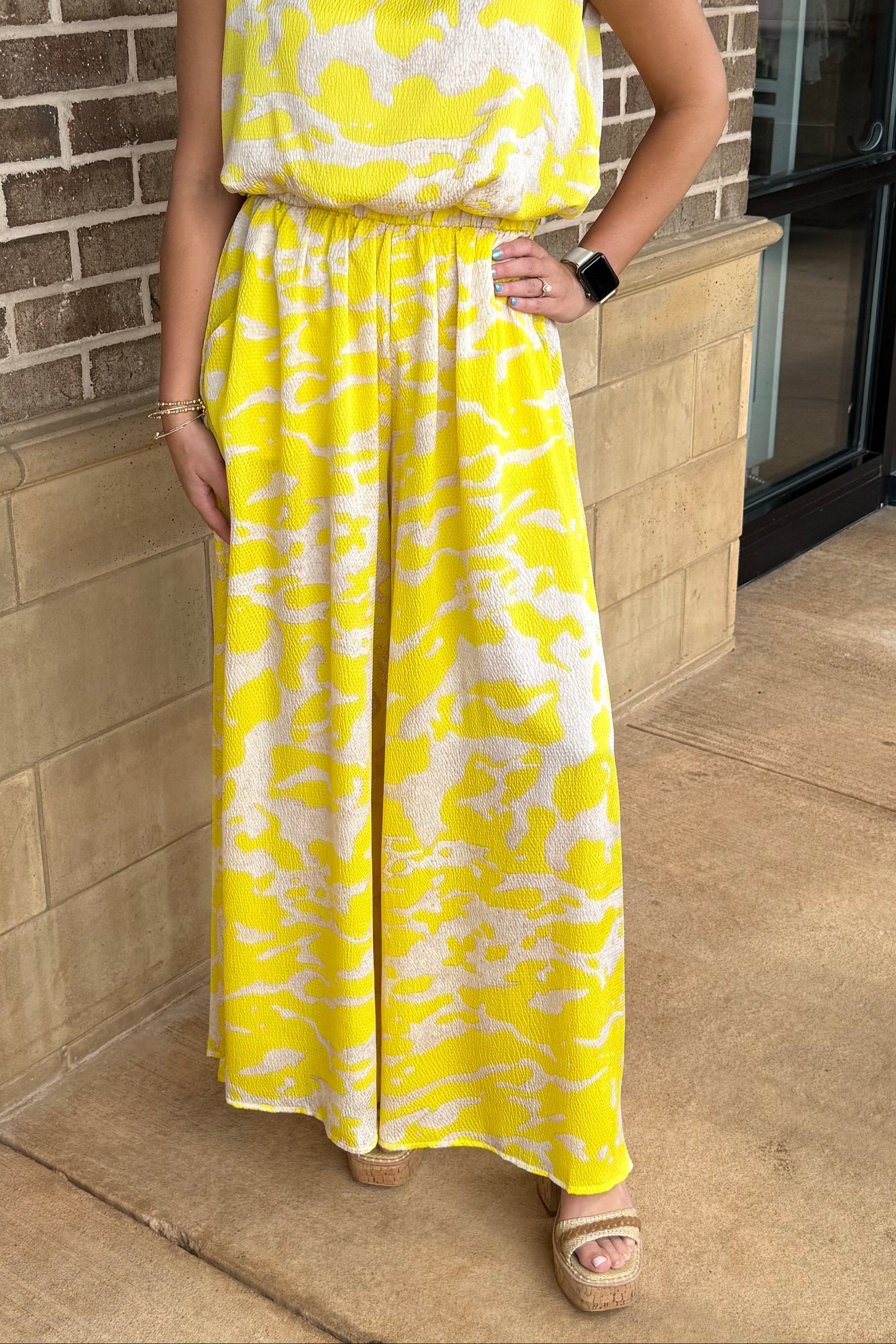 Satin Print Wide Leg Flowy Pants - Yellow