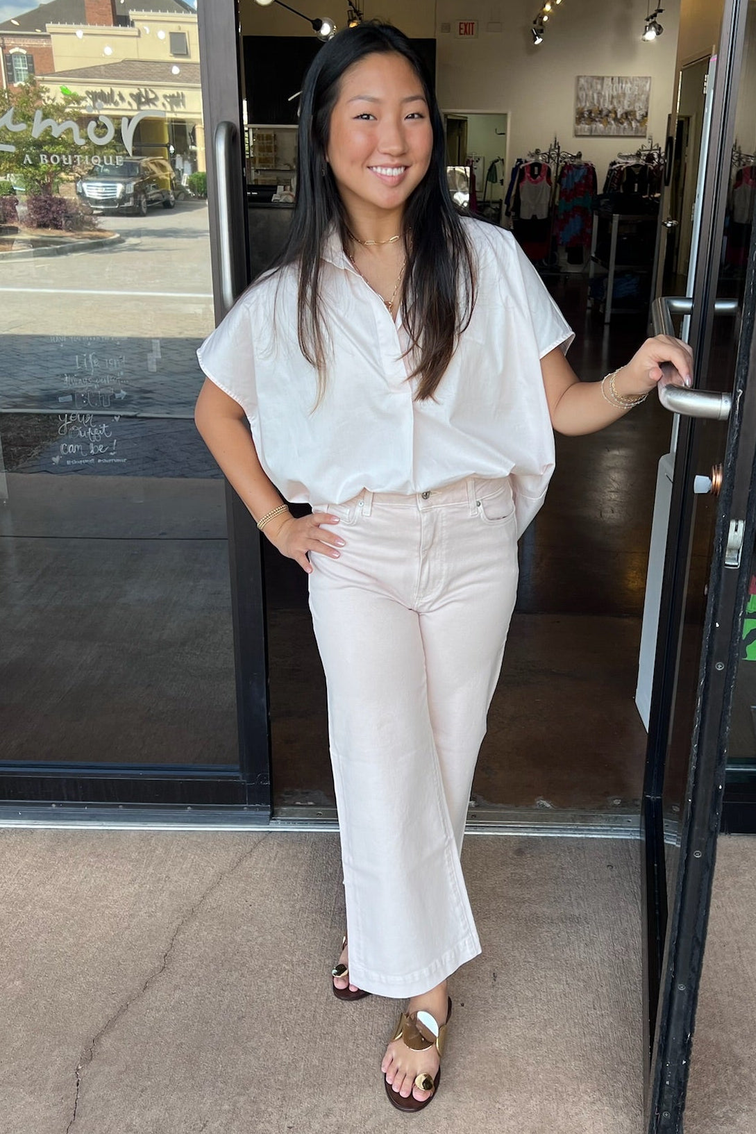 Solid Poplin Collar V Neck Top - Blush