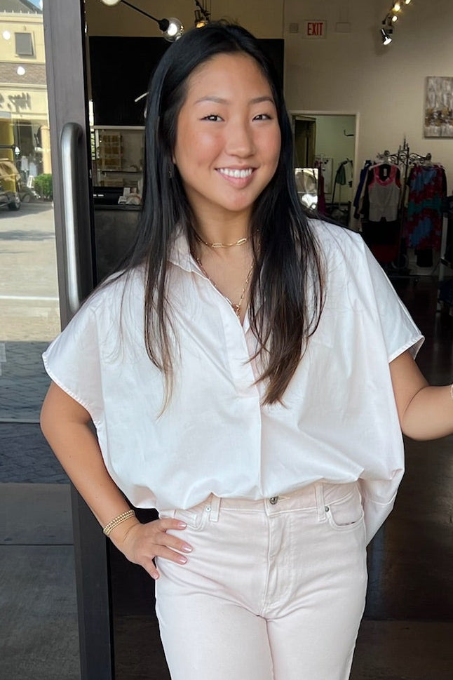 Solid Poplin Collar V Neck Top - Blush