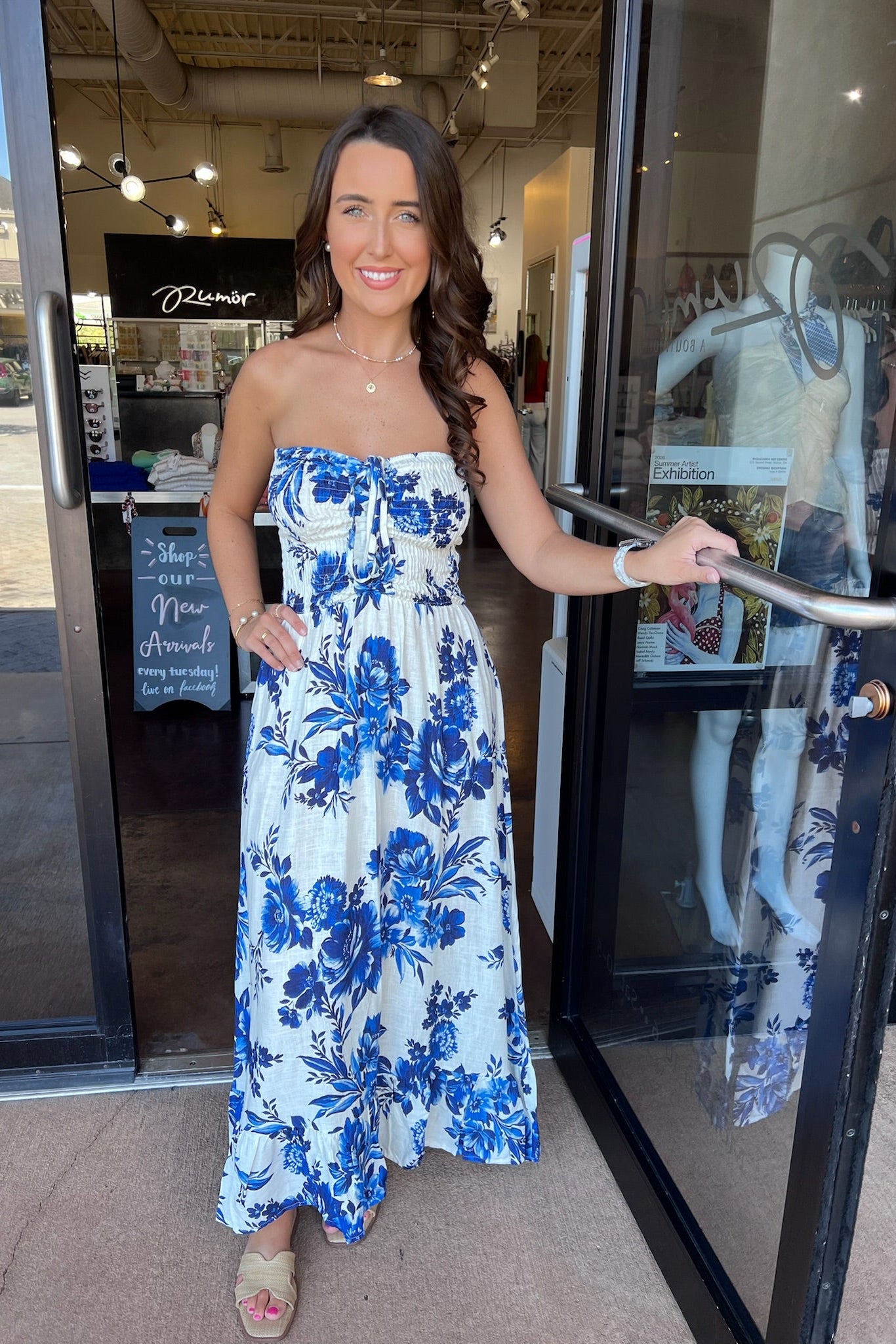Floral Print Ruched Smocked Maxi Dress - Blue / White