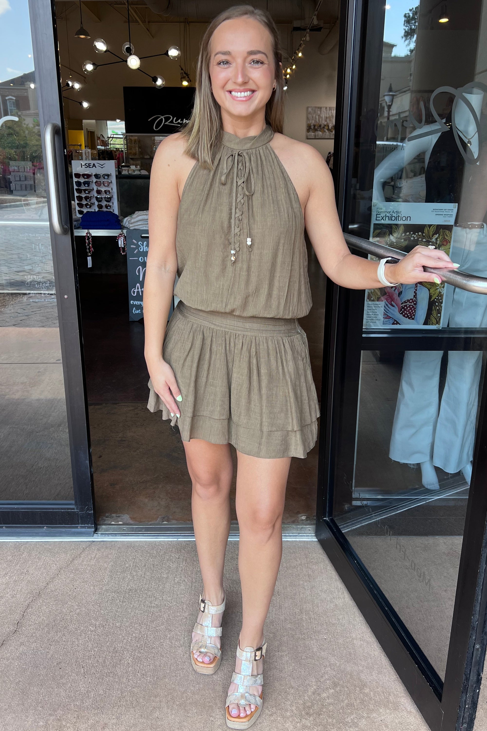 Front Lace Up Halter Dress - Mocha
