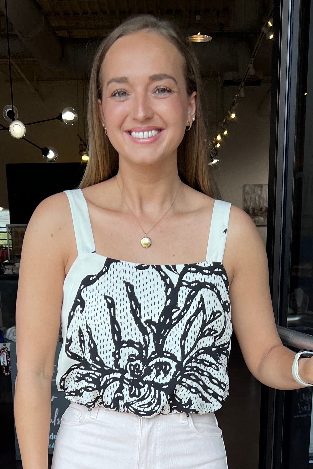 Printed Bubble Hem Crop Tank - Ivory / Black