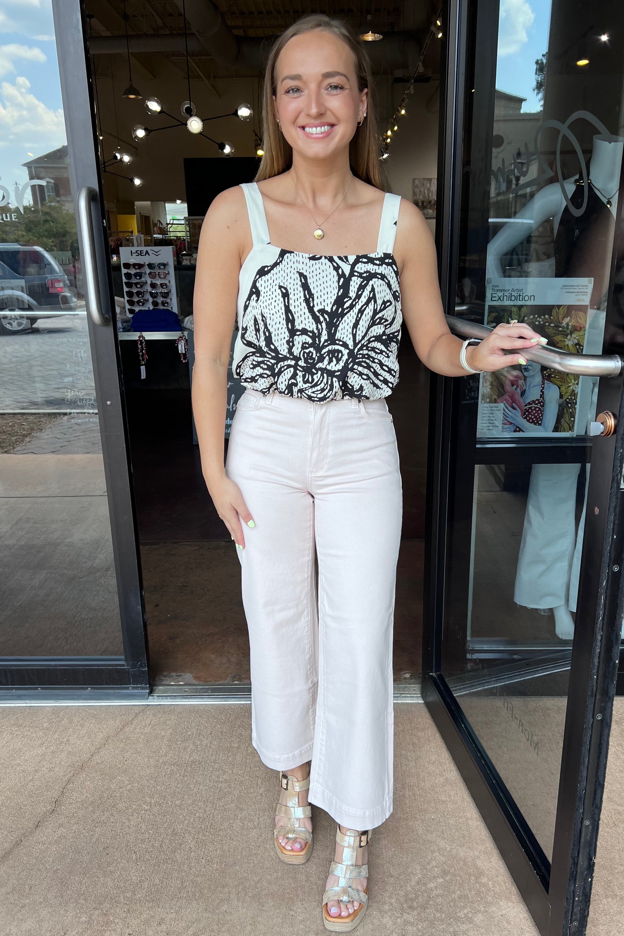 Printed Bubble Hem Crop Tank - Ivory / Black