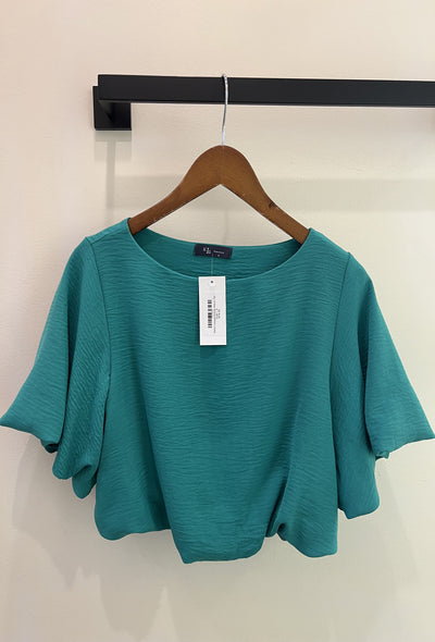 Matte Cropped Bubble Sleeve Top - Green