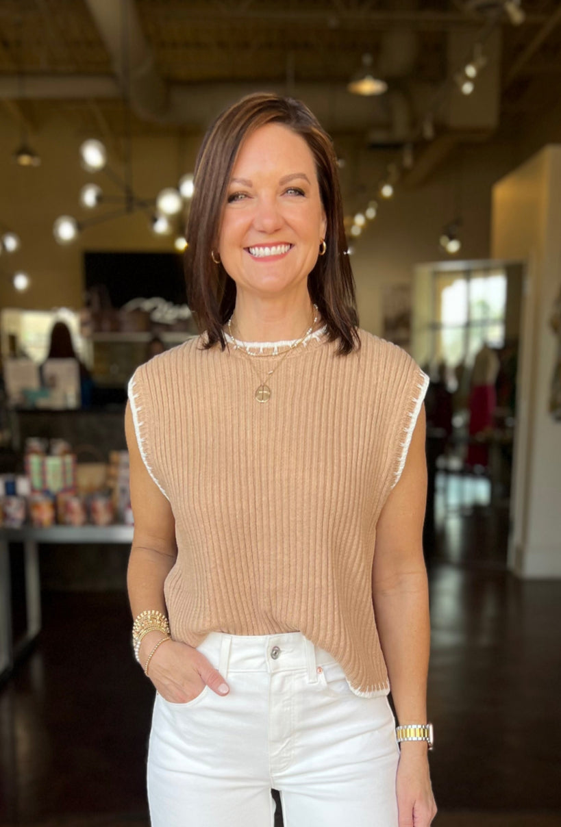 Sleeveless Sweater Top Contrast Trim