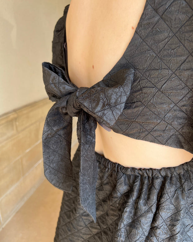 Jacquard Puffed Sleeve Tie Back Dress "Black"