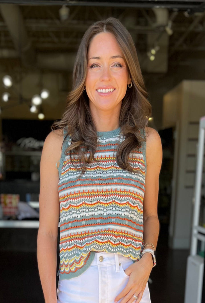 Sleeveless Multi Color Knit Top - Green