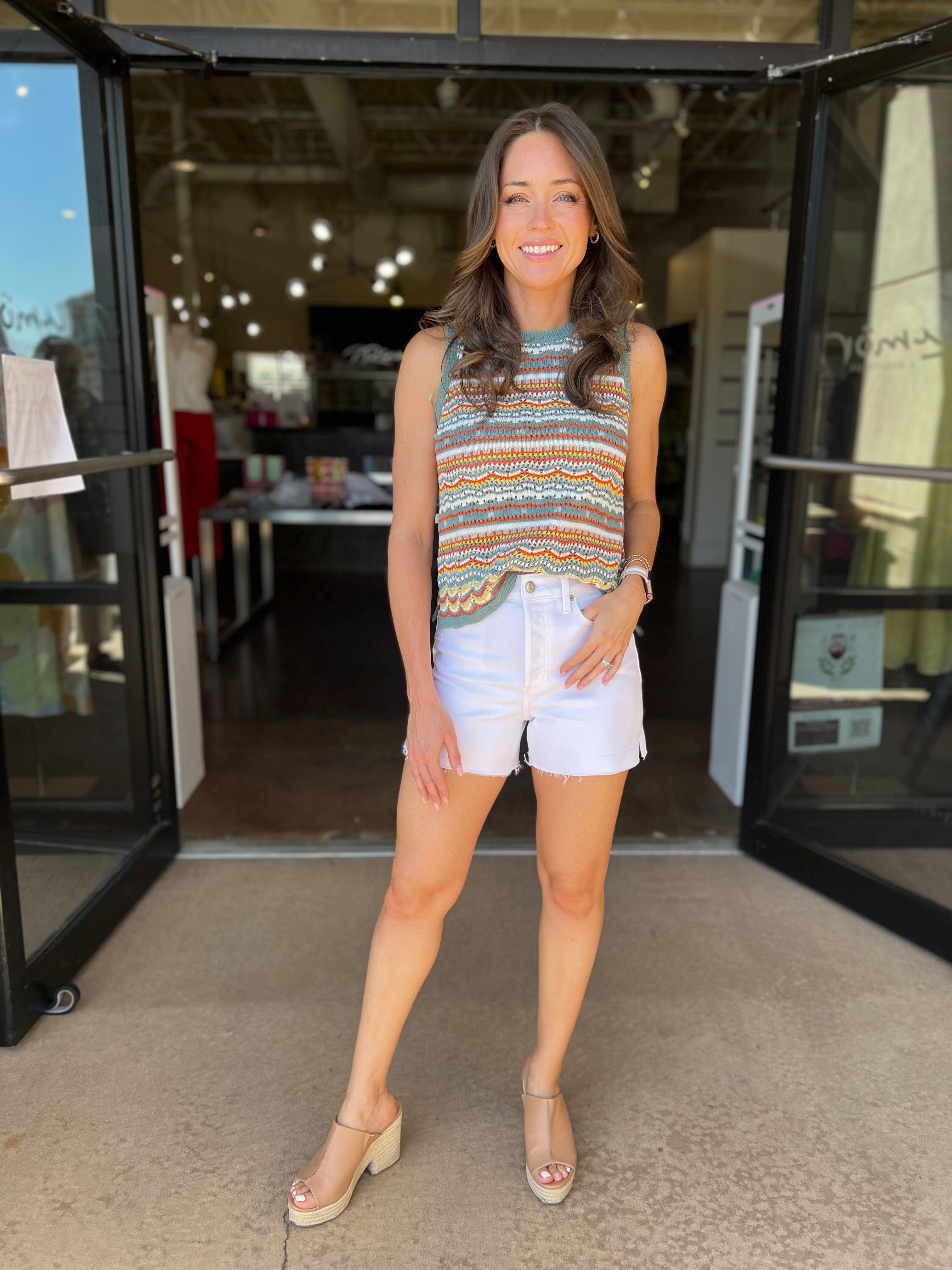 Sleeveless Multi Color Knit Top - Green