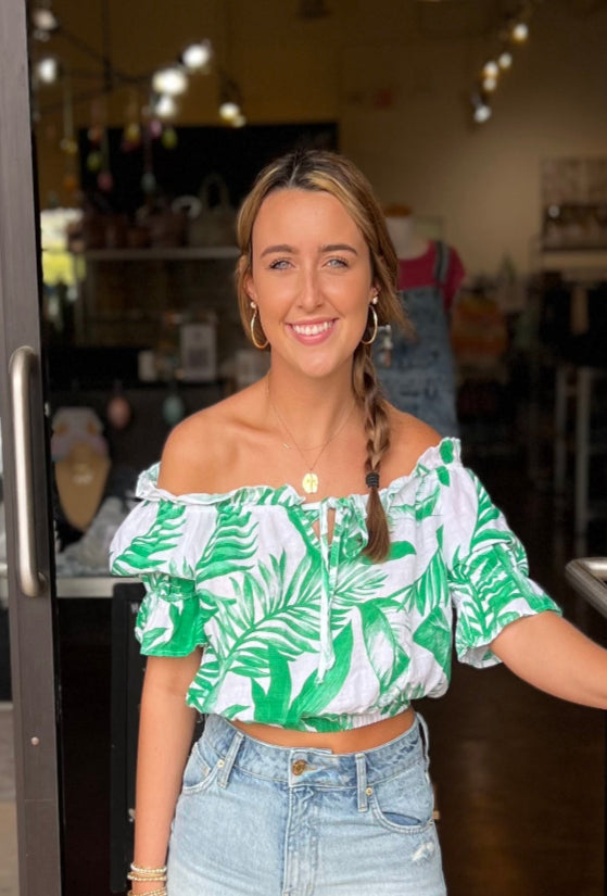 Hawaiian Crop Off Shoulder Linen Top - White/Green