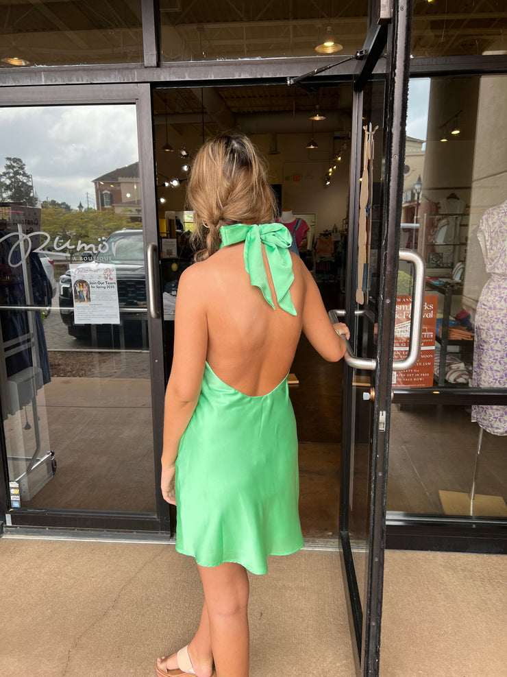Jasmine Halter Mini Dress - Kiwi Luxe Satin
