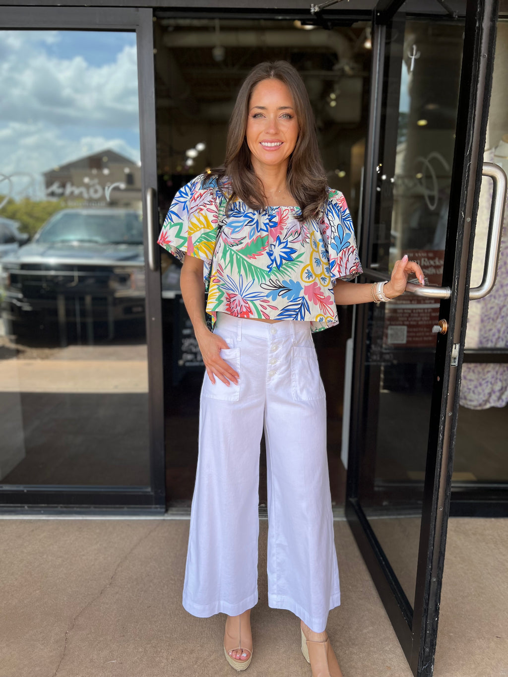 Multi Palm Poplin Square Top - White