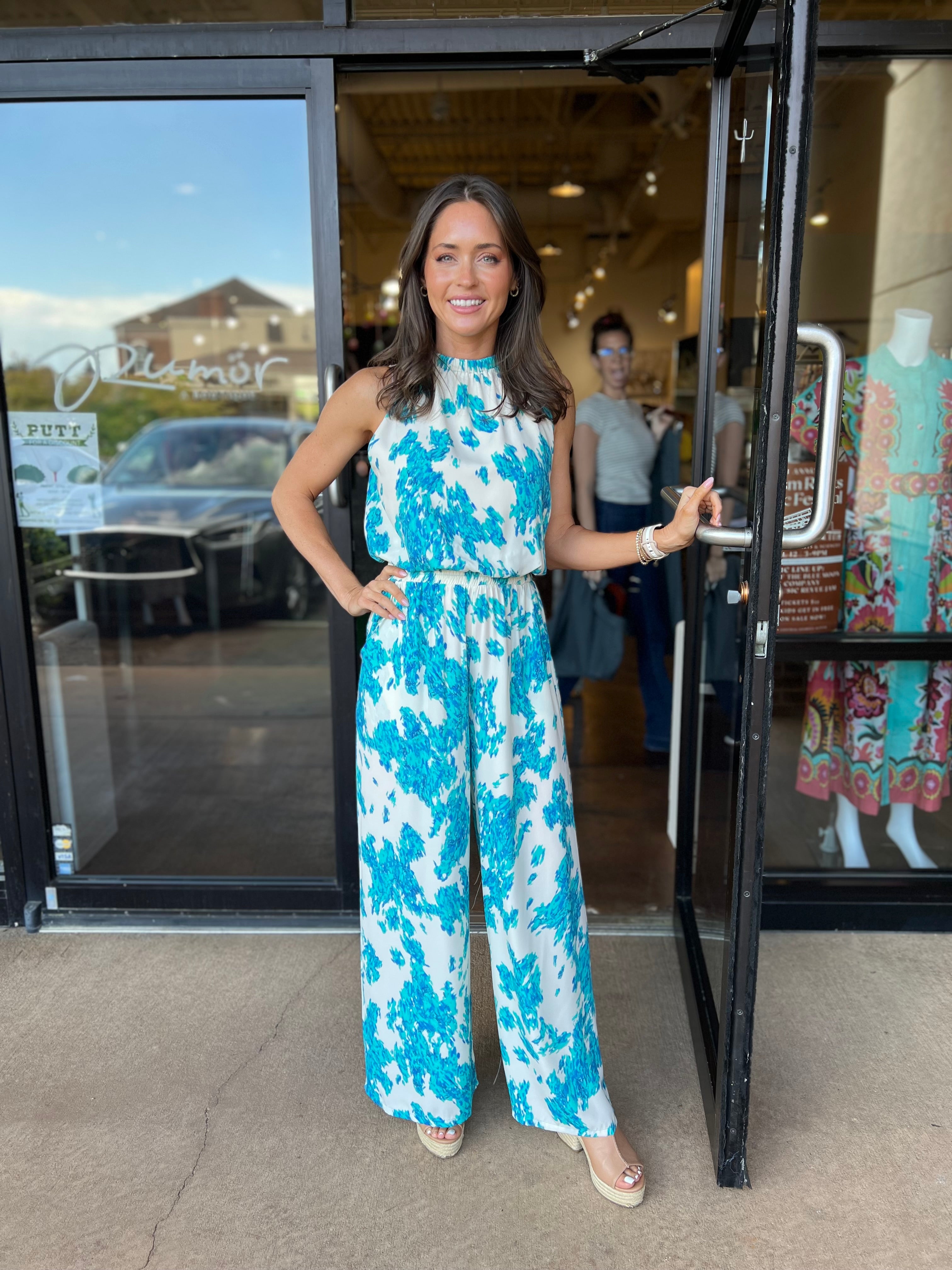 Sleeveless Printed Neckline Bubble Top - Blue