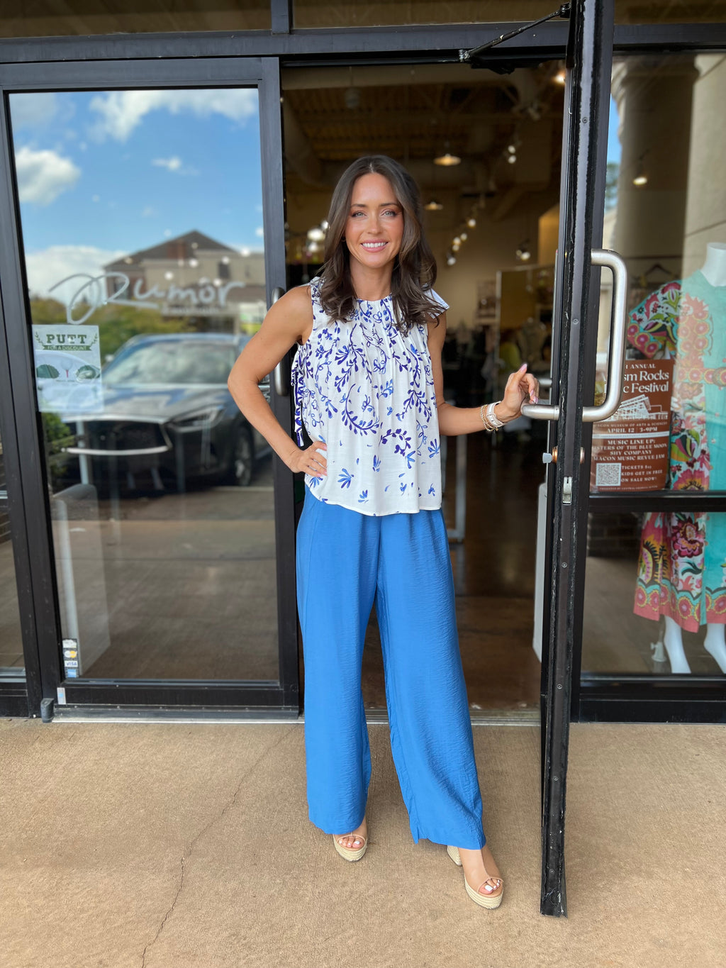 Kalis Pintucked Swing Top - Ivory/Blue