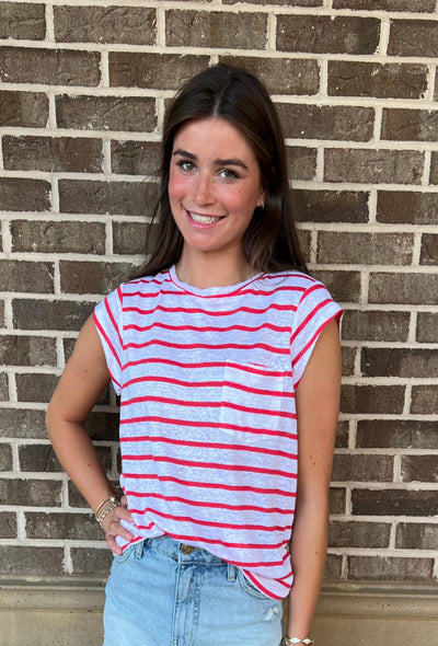 Cap Stripe Sleeve Tee - Cayenne/White