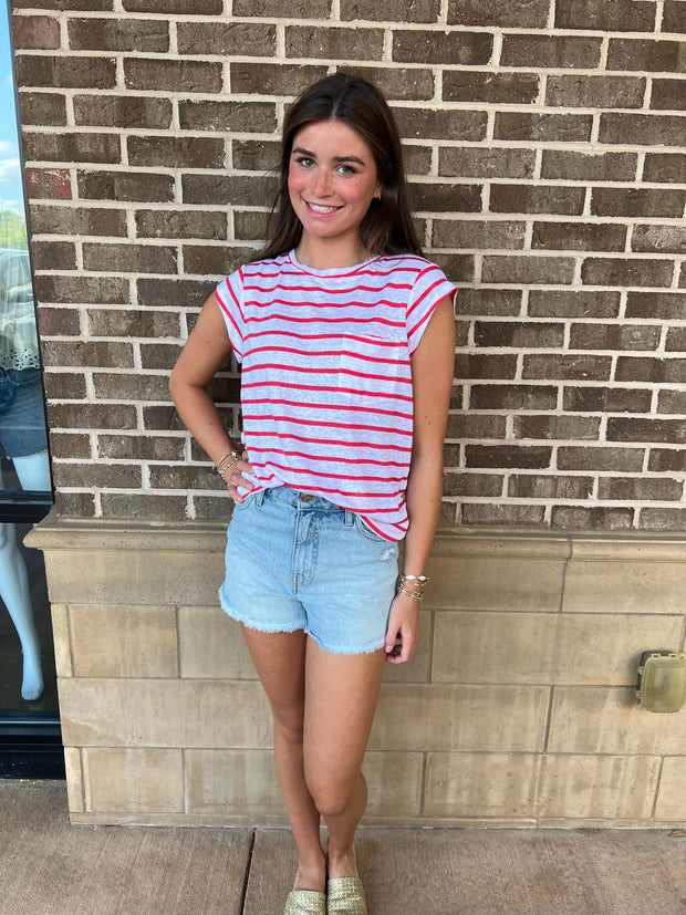 Cap Stripe Sleeve Tee - Cayenne/White