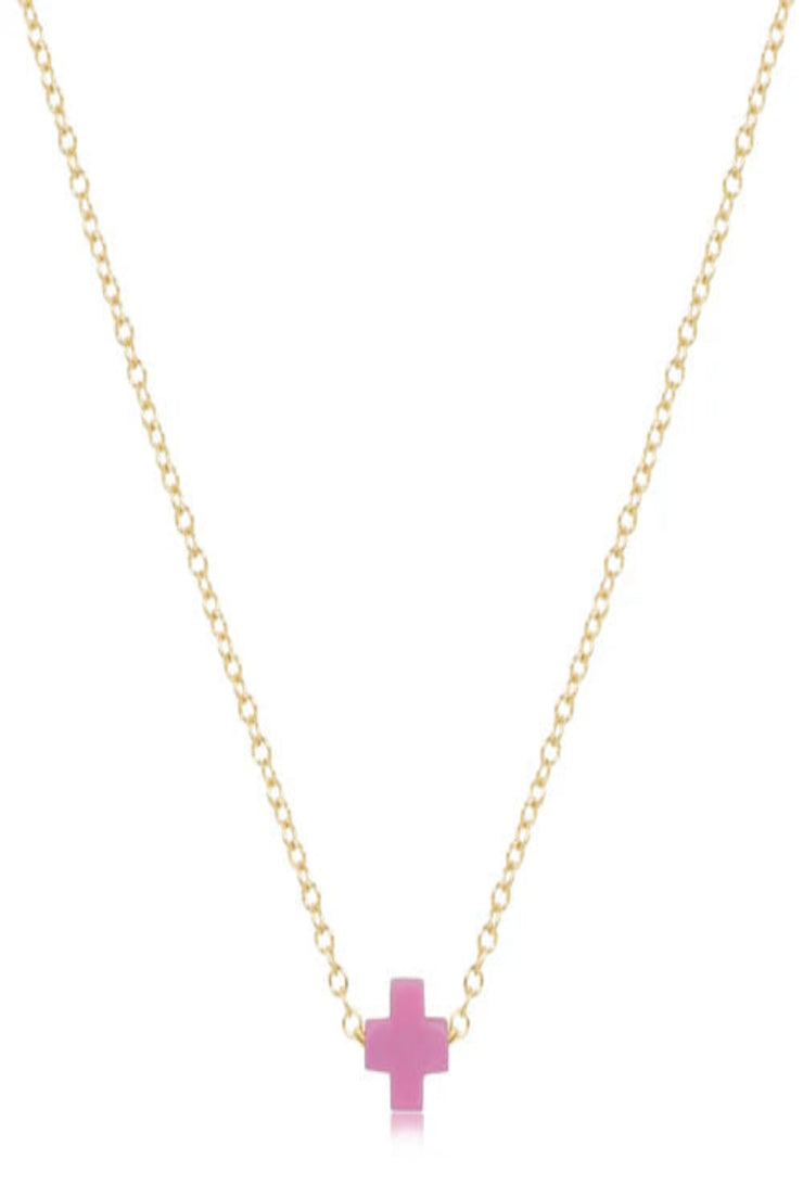 16" Necklace Gold - Signature Cross Small Bright Pink