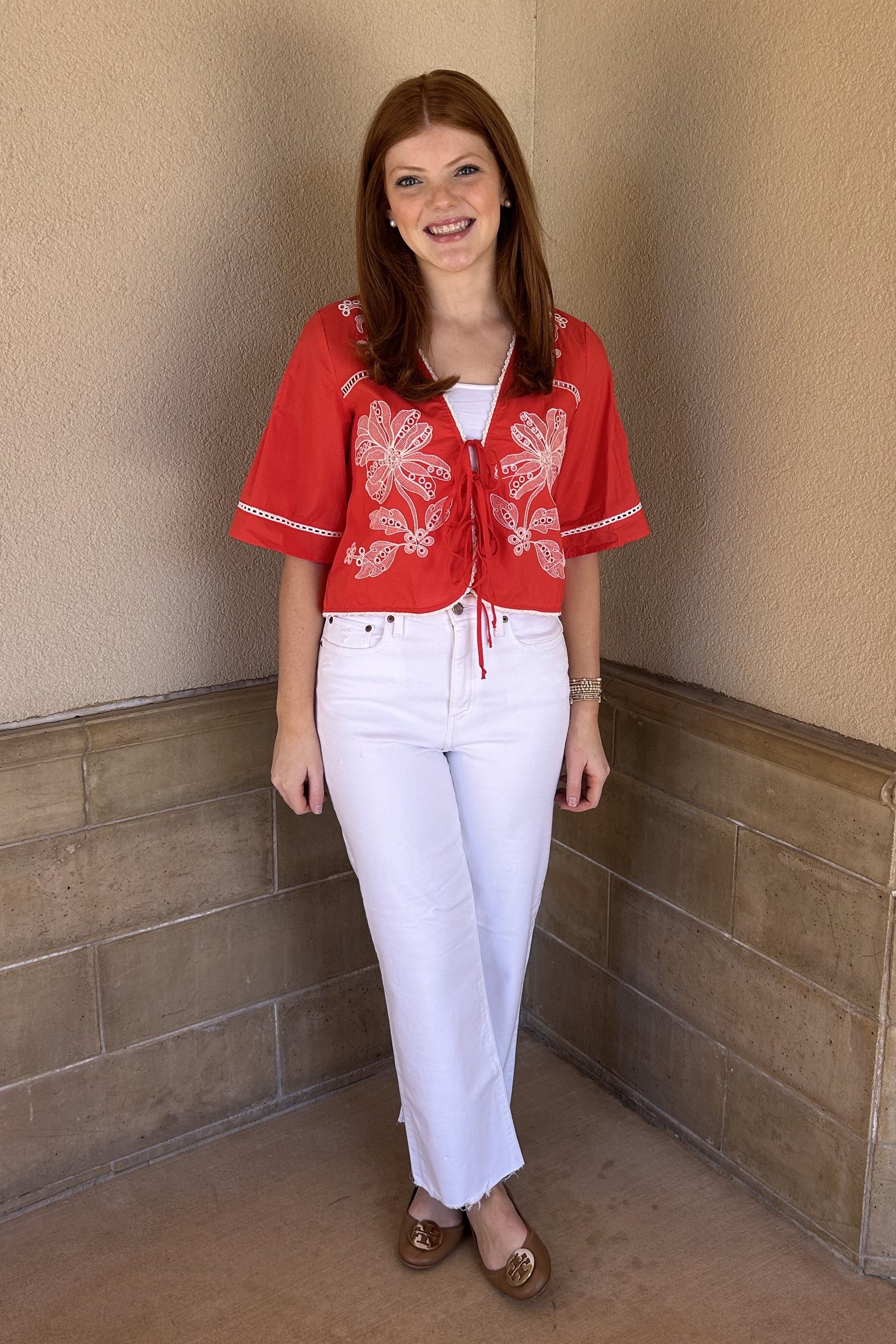 Auguste Floral Eyelet Top - Red
