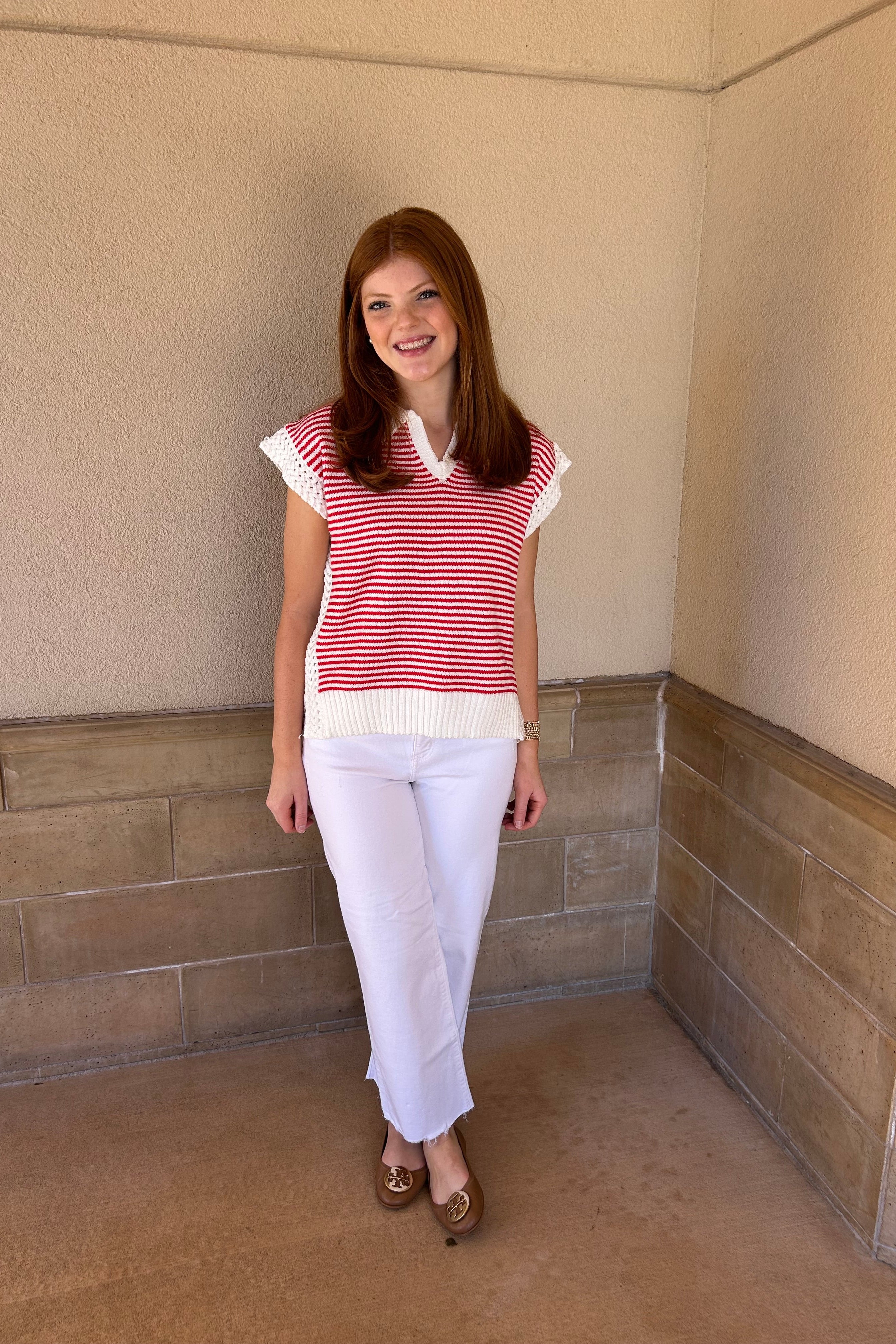 Stripe V Neck Sleeveless Sweater - Red