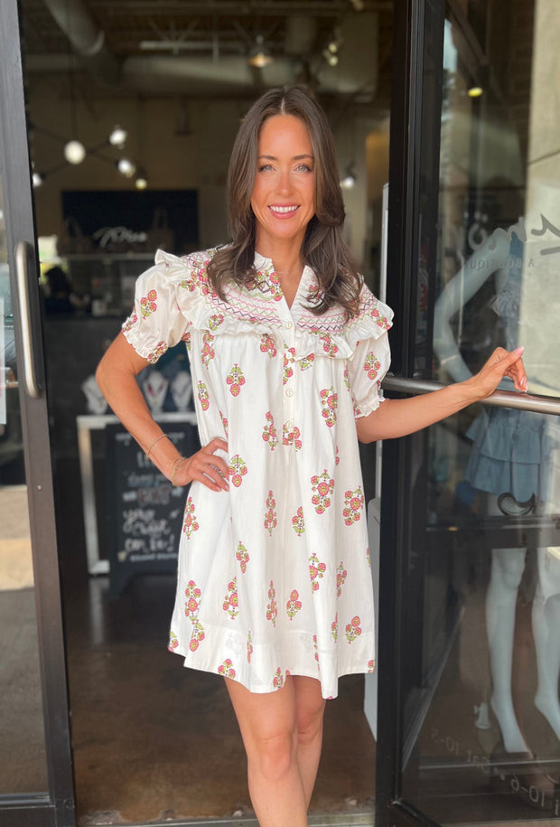 Floral Embroidered Mini Dress - Ivory