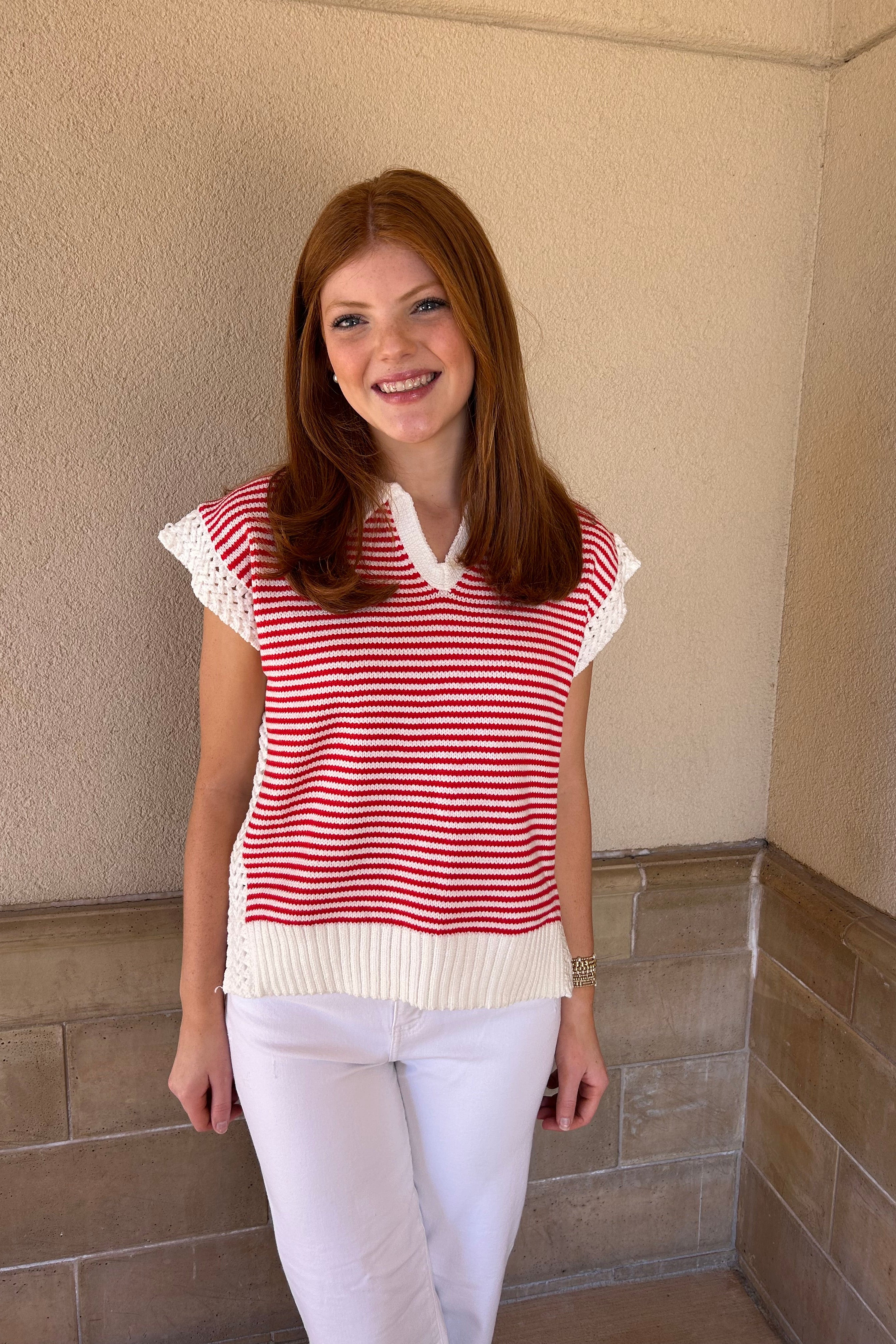 Stripe V Neck Sleeveless Sweater - Red