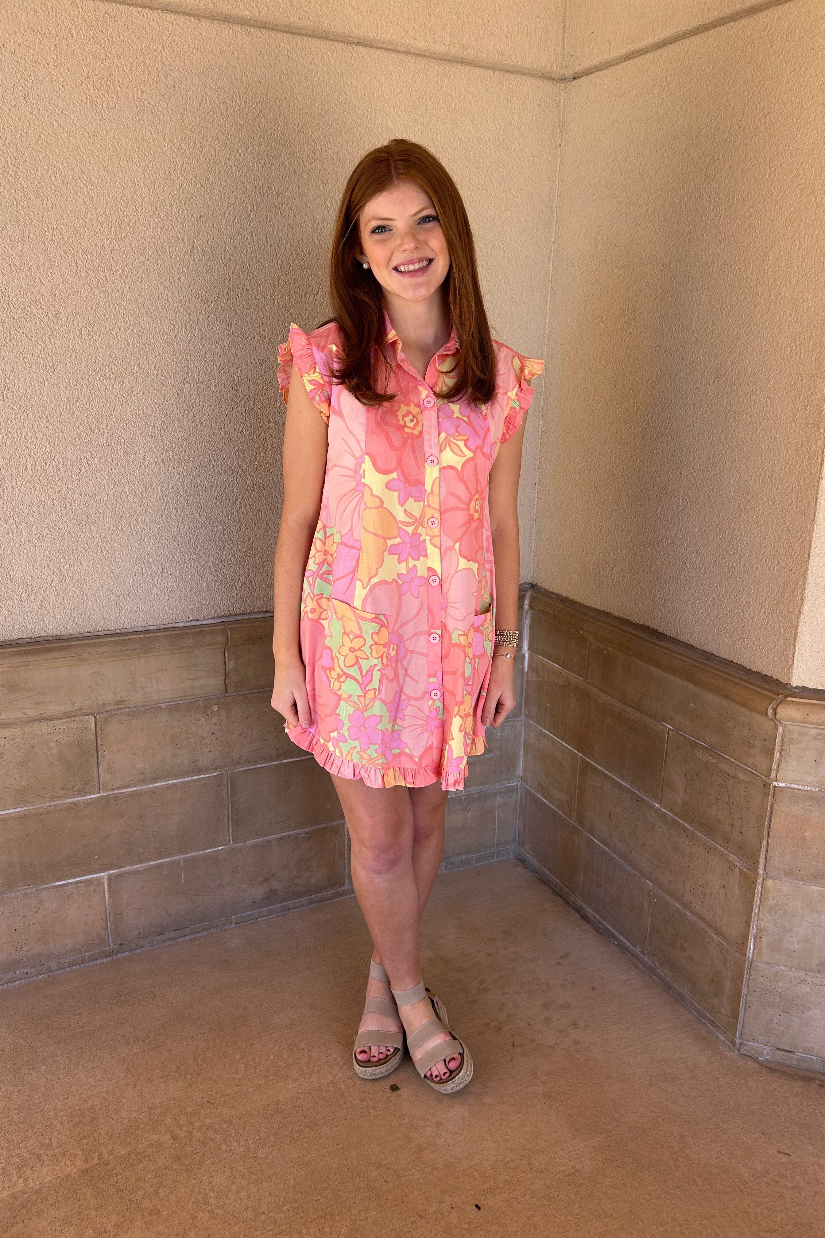 Big Floral Pastel Ruffle Sleeveless Dress