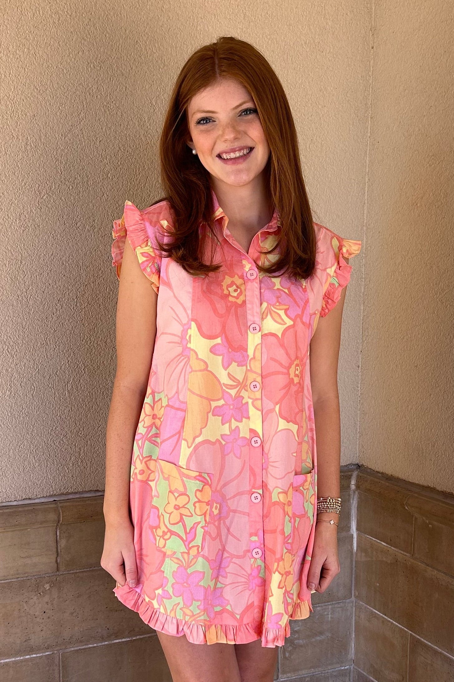 Big Floral Pastel Ruffle Sleeveless Dress