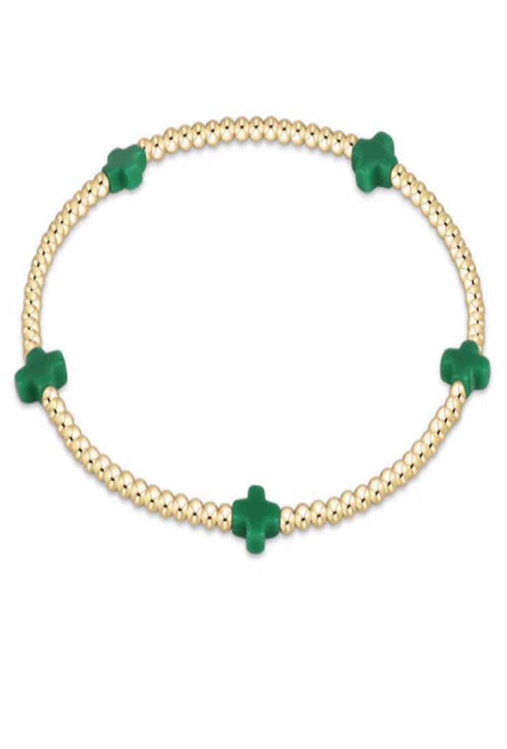 Signature Cross Small Gold Pattern 2mm Bead Bracelet - Emerald