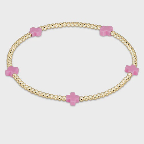 Signature Cross Small Gold Pattern 2mm Bead Bracelet - Bright Pink