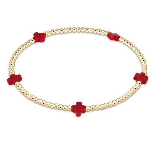 Signature Cross Small Gold Pattern 2mm Bead Bracelet - Red