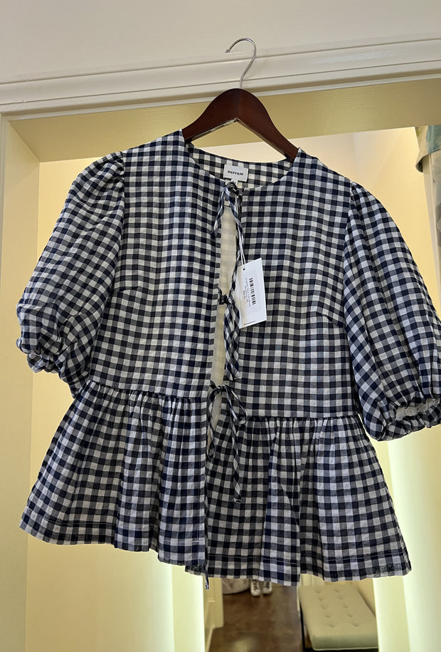 Gingham Open Front  Blouse - Navy/White