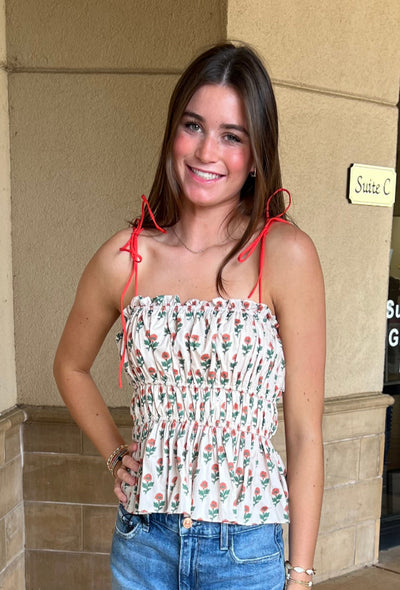 Printed Top W/Ties - Eggshell