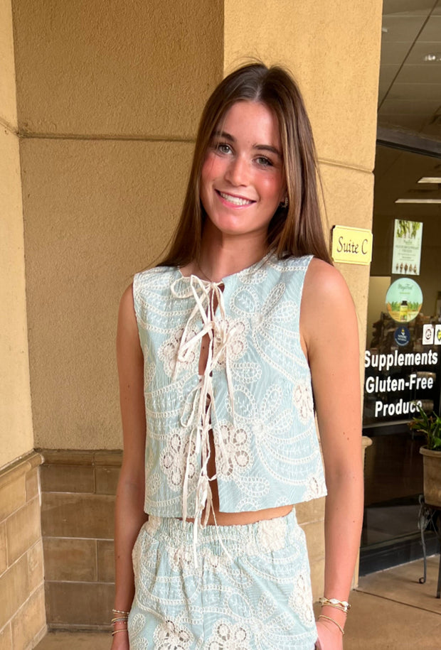 Eyelet Embroidered Top W/Ties - Green