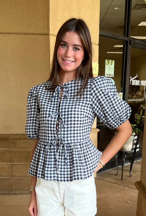 Gingham Open Front  Blouse - Navy/White