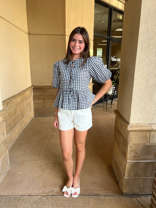 Gingham Open Front  Blouse - Navy/White